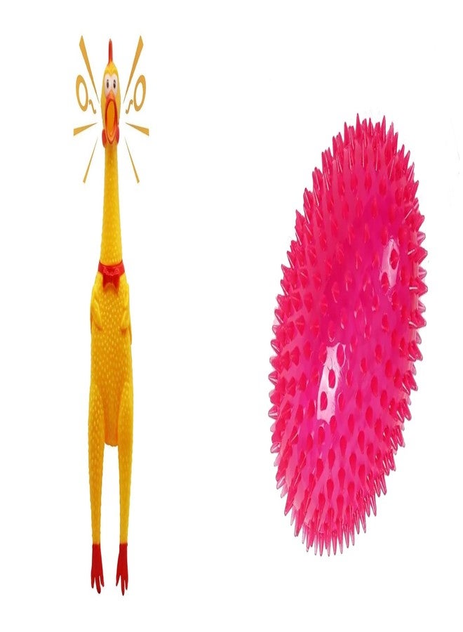 PET FUN Squawking Rubber Chicken Dog Toy | Durable Yellow Squeaky Toy for Dogs & Puppies LED Spike Rugby Ball Chew Toy for Dogs & Cats | Squeaky Light-Up Pet Toy Combo of 2 - Image 1